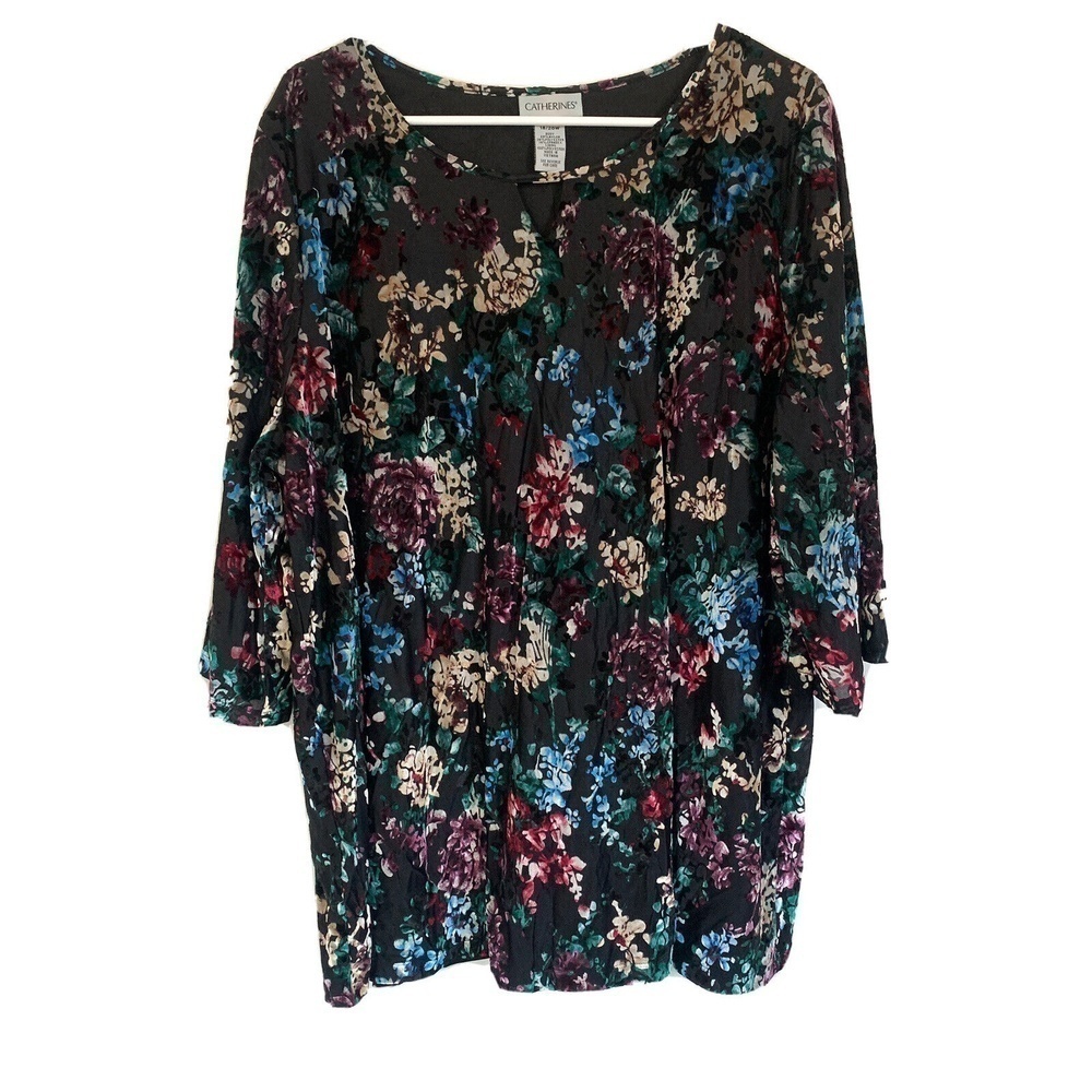 Catherines Women Plus Size 1X 18/20W Multicolor Floral Textured Stretch Blouse